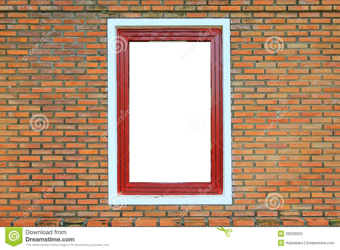 Red Wood Window Frame On The Old Brick Walls In Historic Place 