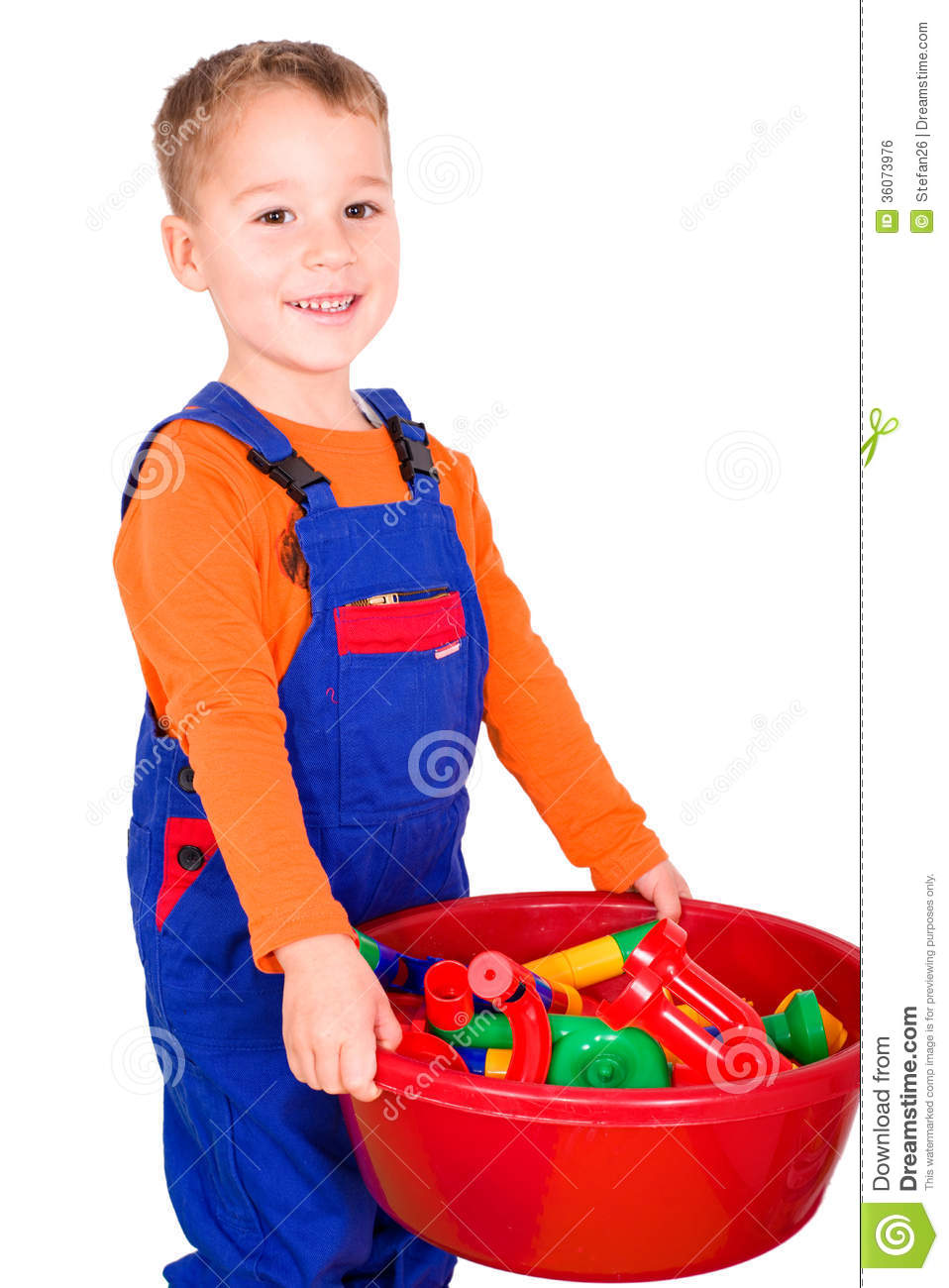 Small Child Cleaning Up Blocks Little Boy Blue Men Cleans His Toys