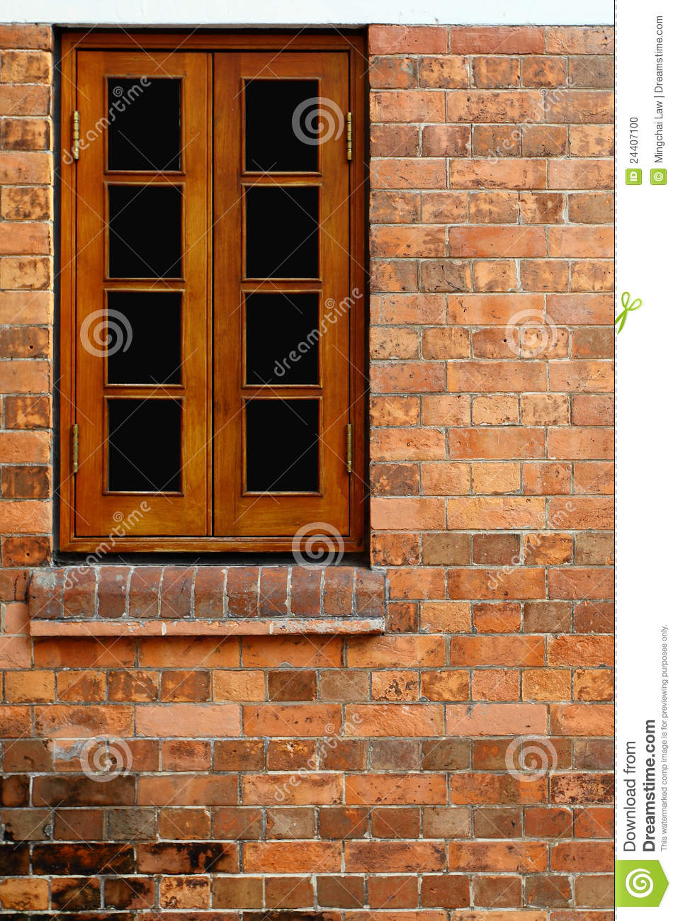 Stock Photo  Wood Window And Red Bricks Wall