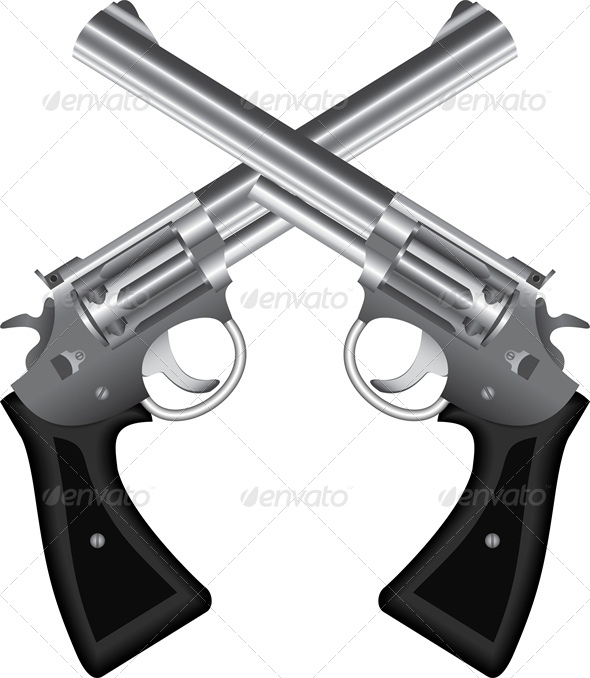 Two Crossed Silver Revolvers And Bullets Vector Illustration Fully