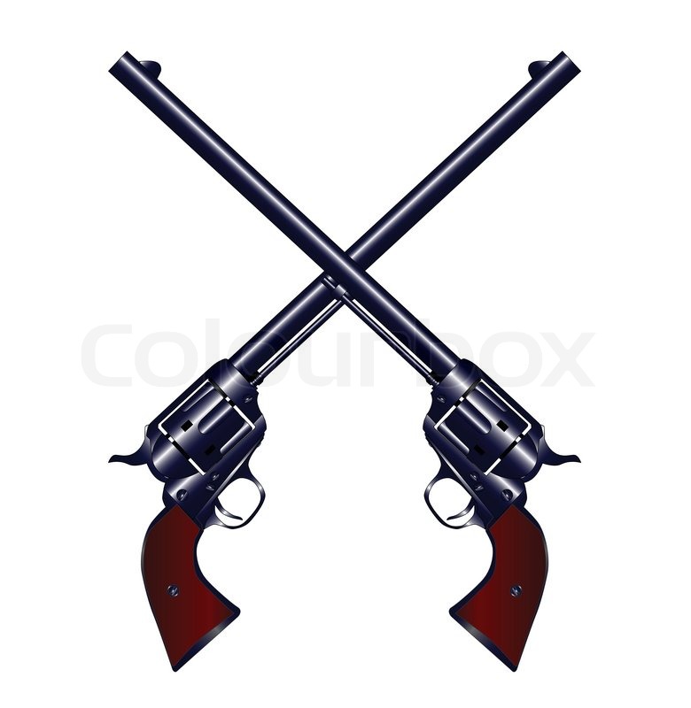 Two Long Barel Six Guns Crossed Set On A White Background   Vector    
