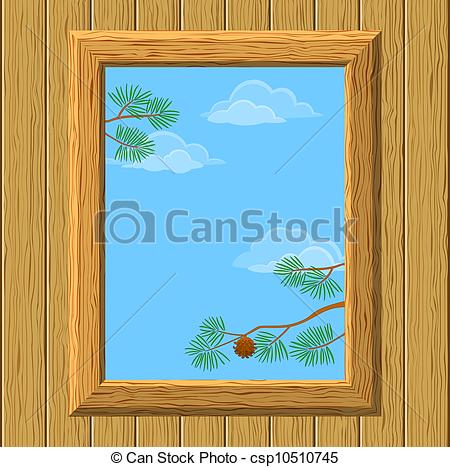 Vector Of Wood Window With Pine Branches   Background With Wood Wall