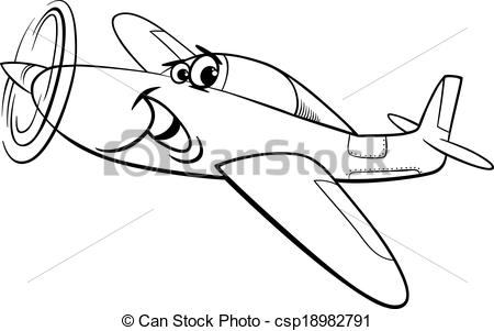 Black And White Cartoon Illustration Of Funny Low Wing Plane Comic