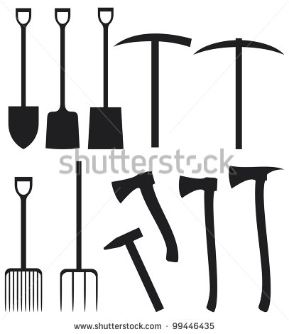 Collection Of Garden Instruments Silhouettes  Shovel Ax Pick Hammer
