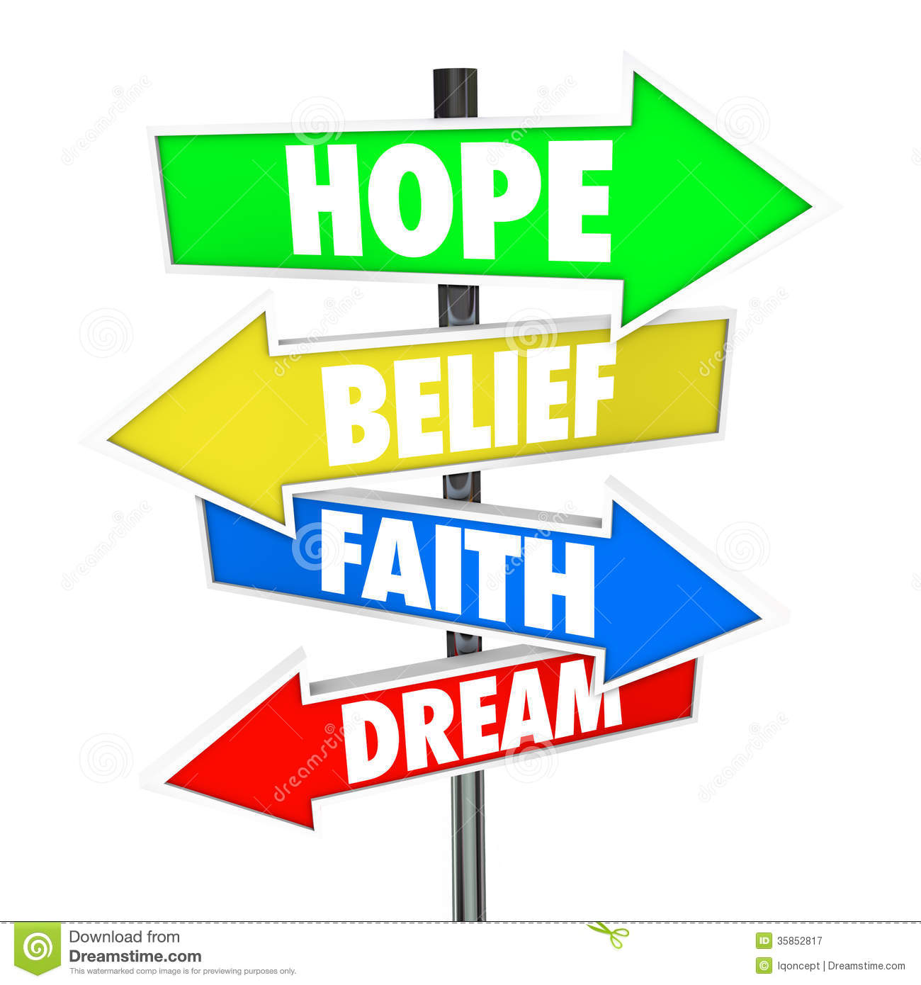 Hope Belief Faith And Dream Words On Arrow Road Signs Pointing To