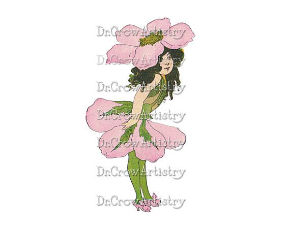 Pink  Flower Child With  Black Hair  Clip Art By Drcrowartistry