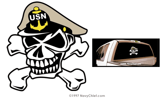 10 X 10 Navy Chief Skull And Crossbones Color Vinyl Window Sticker