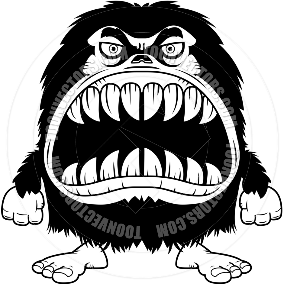 Cartoon Hairy Monster Angry  Black And White Line Art  By Cory Thoman    