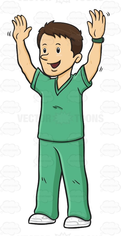 Friendly Male Nurse In Green Scrubs Waving His Arms   Vector    
