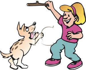     Girl Training Her Dog To Fetch A Stick   Royalty Free Clipart Picture