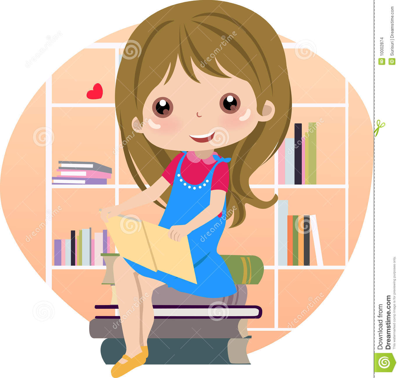 Illustration Of Cute Little Girl Reading Books At Library Corner