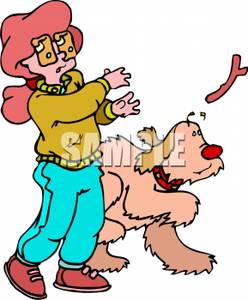 Young Girl Playing Fetch With Her Dog   Royalty Free Clipart Picture