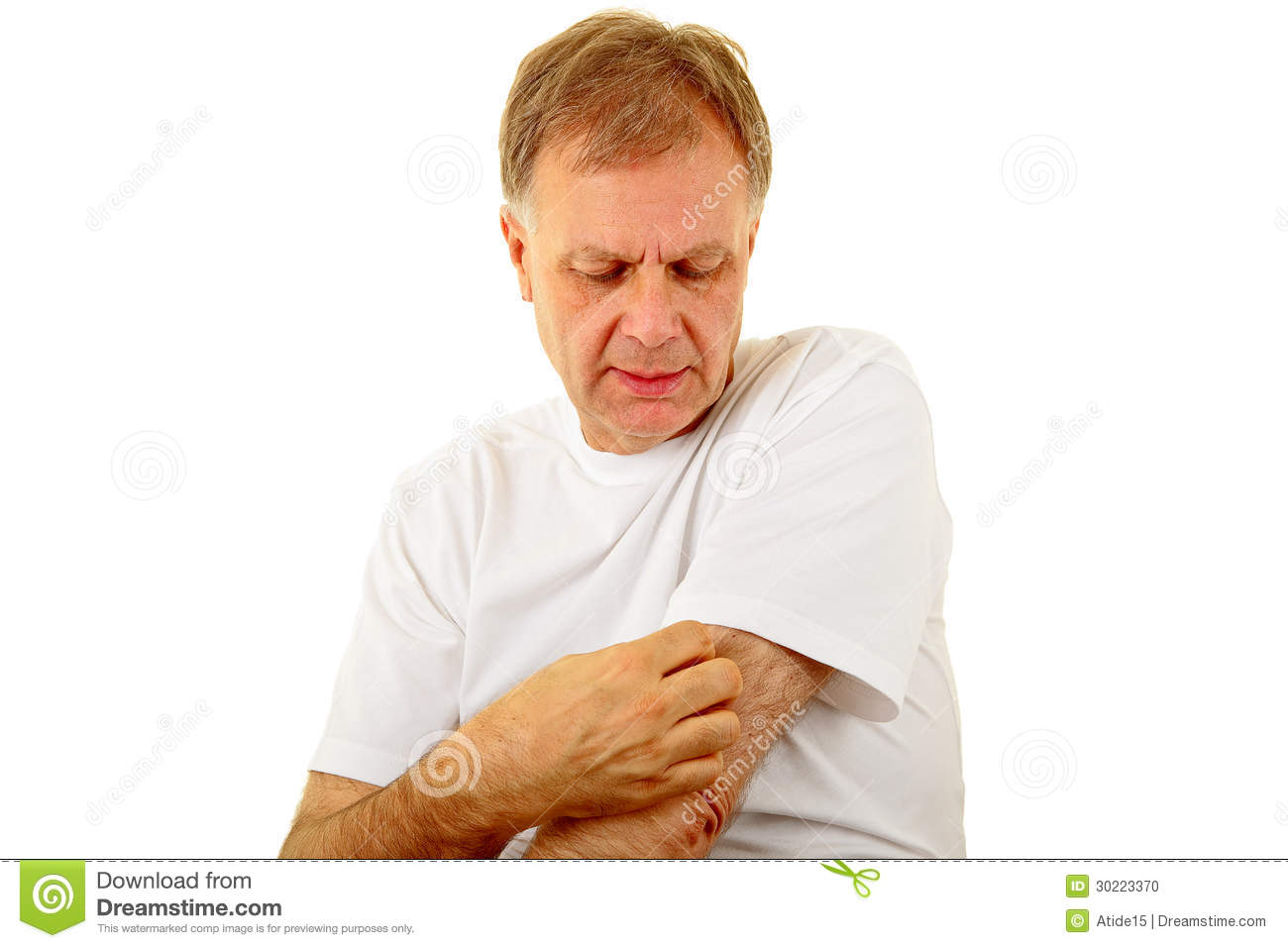 Portrait Of Adult Man Scratch His Itchy Arm