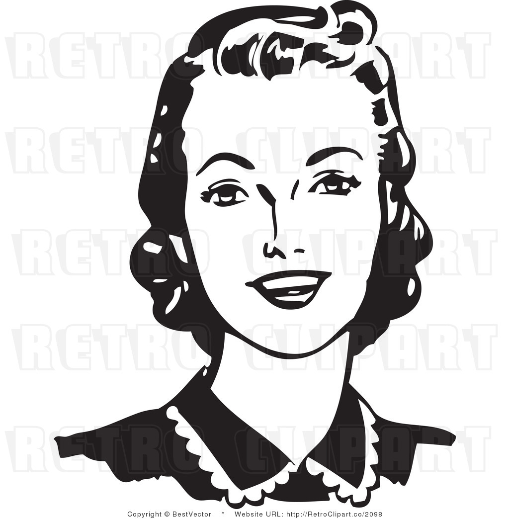 Royalty Free Black And White Retro Vector Clip Art Of A Happy Woman    