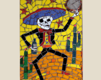 Colourful Print With Mount   Day Of The Dead Art   Mariachi Skeleton    