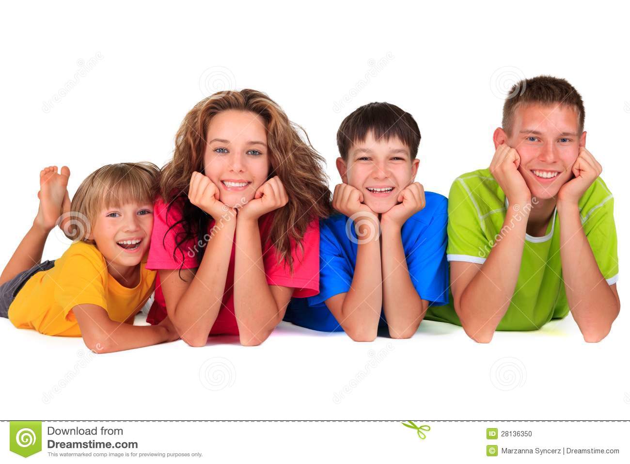 Four Happy Young Sisters And Brothers Of Different Ages In Colorful    
