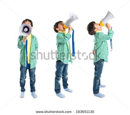 Kid Shouting By Megaphone Over White Background   Stock Photo