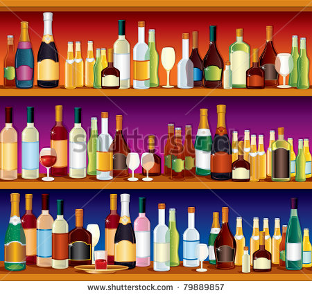 Seamless Bar Or Pub Shelves With Lots Of Alcohol Drinks And Glasses