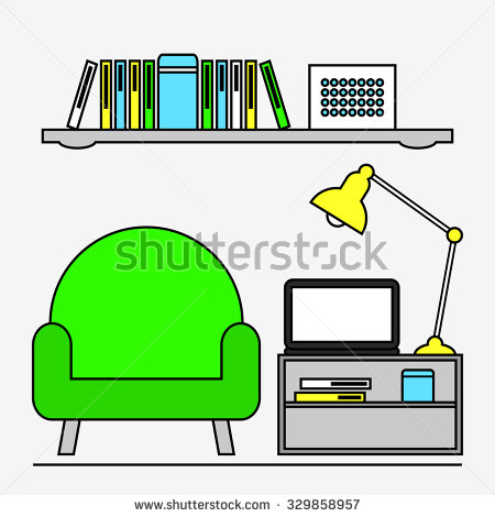 Shelf  Laptop Lamp And Books  Flat Line Style Vector Illustration