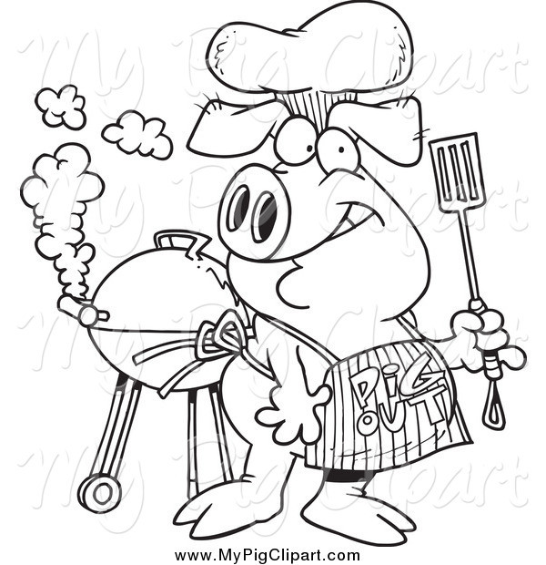 Swine Clipart Of A Black And White Bbq Pig Wearing A Pig Out Apron By