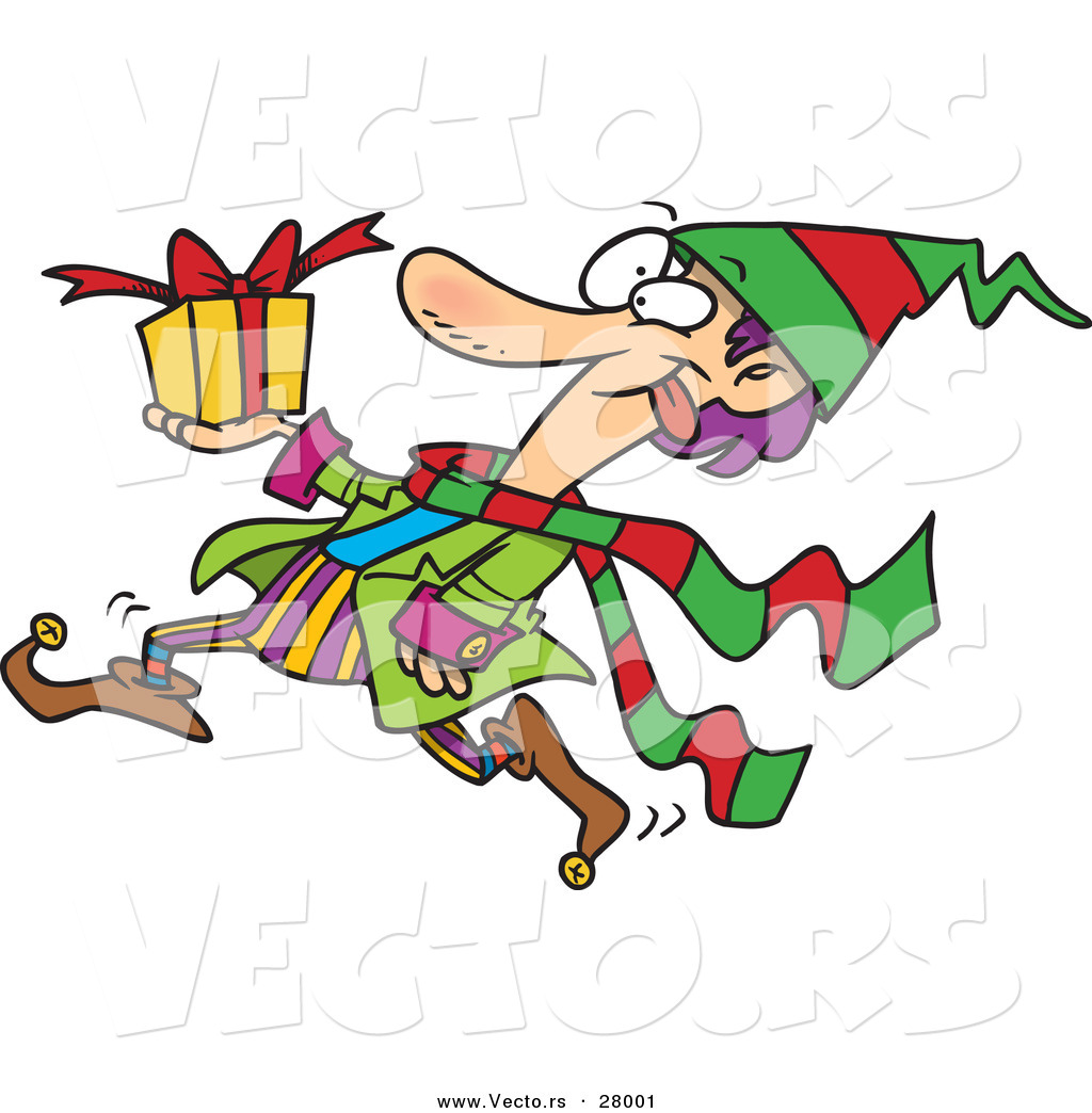 Cartoon Vector Of A Busy Christmas Elf Running With A Present By Ron