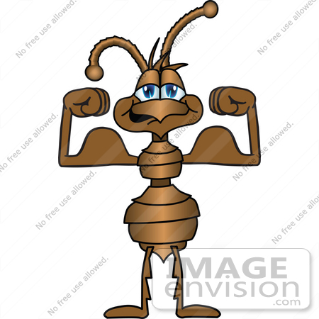 Clip Art Graphic Of A Brown Ant Insect Mascot Character Flexing His