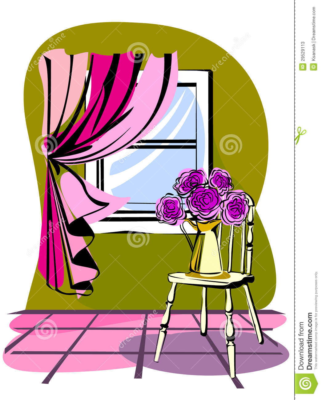 Illustration With Old Chair Curtain Window And Flowers  Clip Art