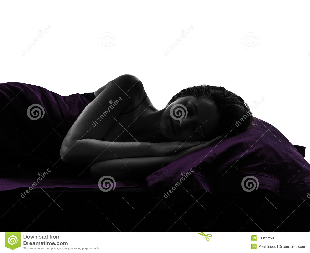 One Woman In Bed Sleeping Lying On Back Silhouette Studio On White