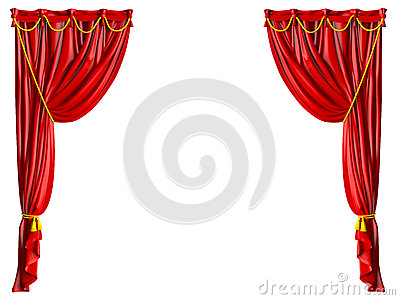 Red Shiny Theater Curtains And Yellow Ropes Isolated On White    