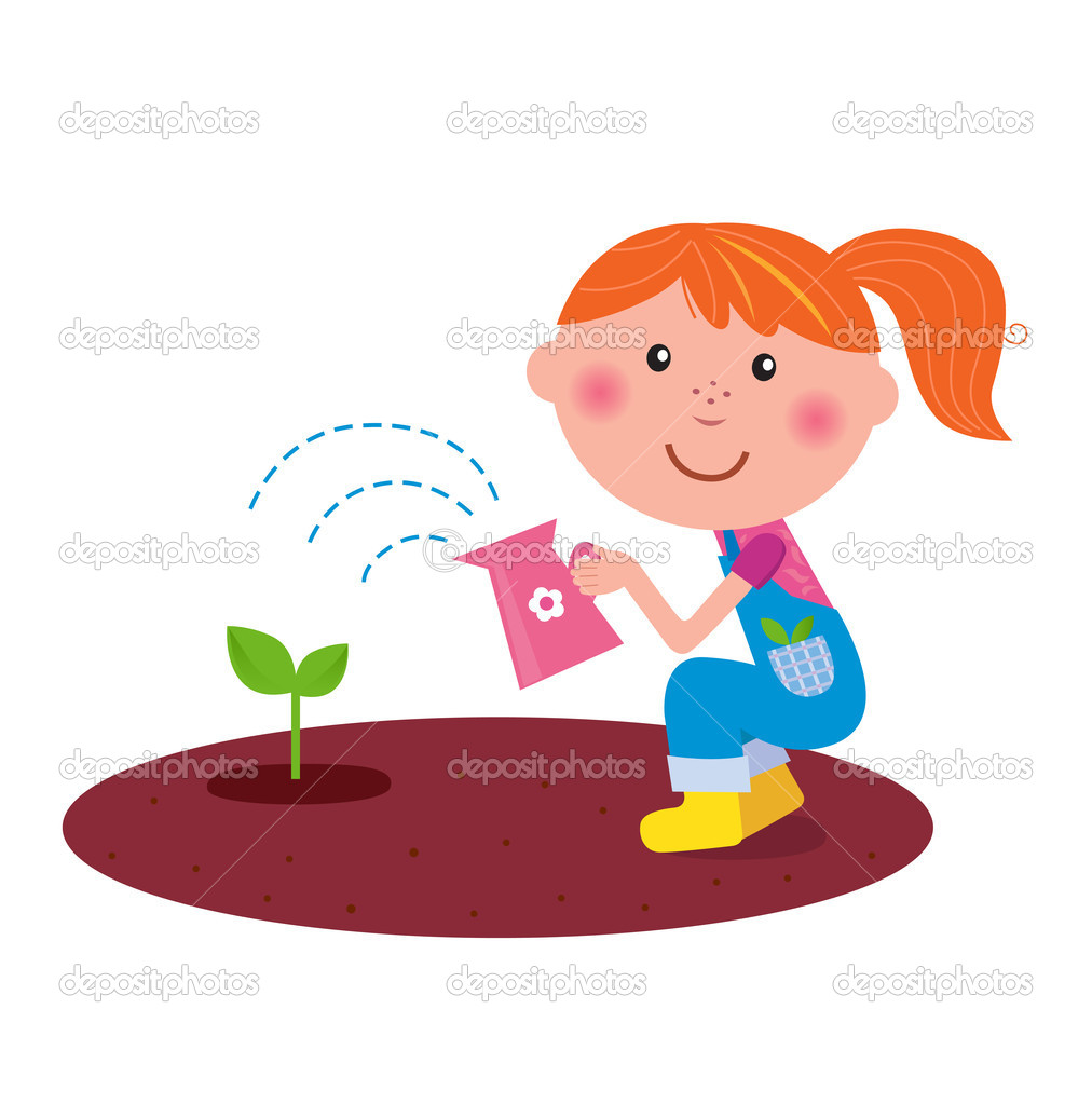 Small Gardener Girl Watering Plant In The Garden   Stock Vector