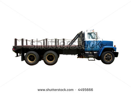 This Is The Side View Of A Flat Bed Straight Truck With A City Style