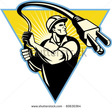 Vector Illustration Of An Electrician Holding Electric Plug Like A