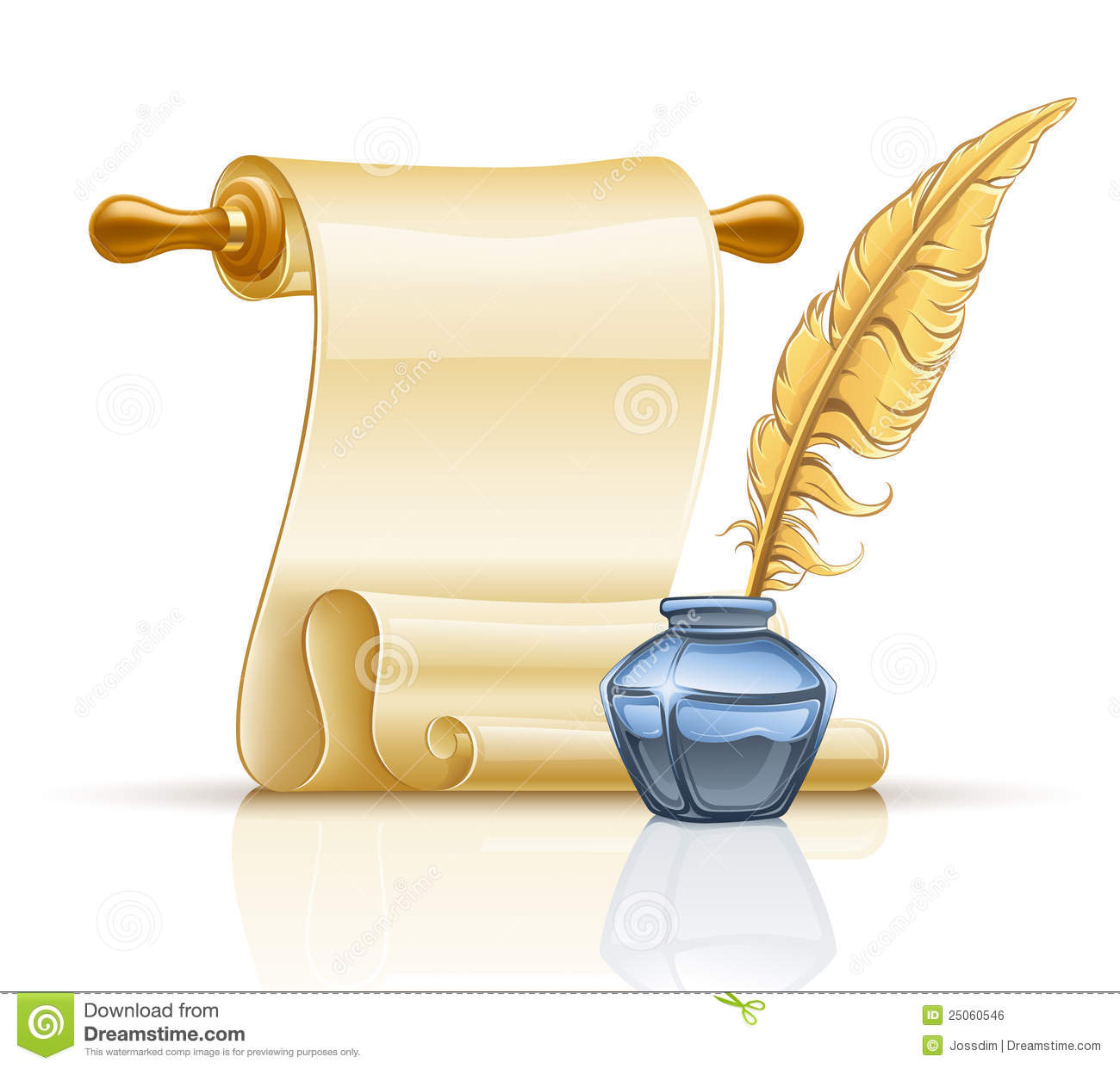Vector Illustration Of Paper Scroll With Feather Pen And Ink Pot On