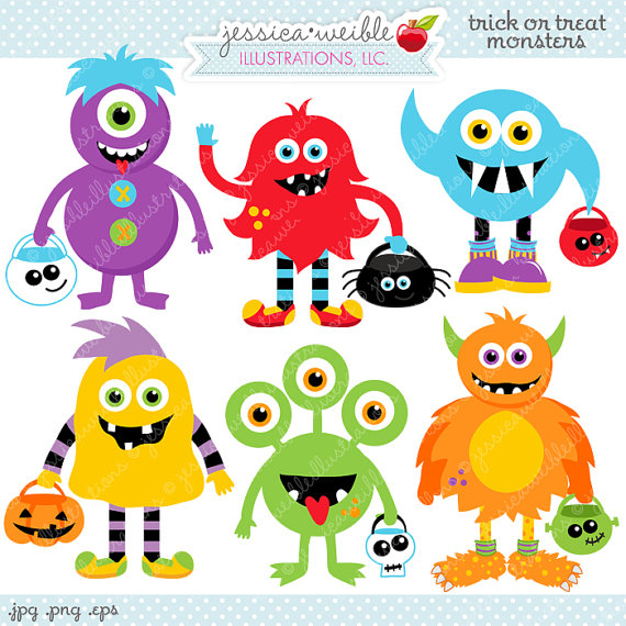 Trick Or Treat Monsters Cute Digital Clipart   Commercial Use Ok    