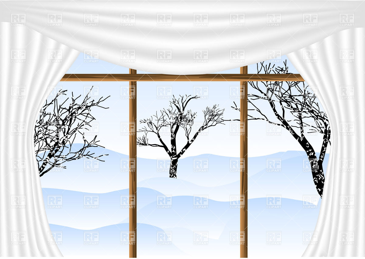 View From Window With White Curtains With Winter View And Leafless