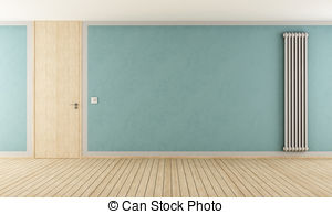 Blue Room With Modern Radiator   Blue Empty Room With Door