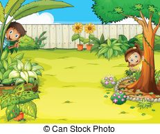Boy And A Girl Hiding In The Garden   Illustration Of A