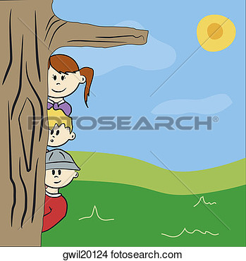 Boys And A Girl Peeking From Behind A Tree Gwil20124   Search Clip Art