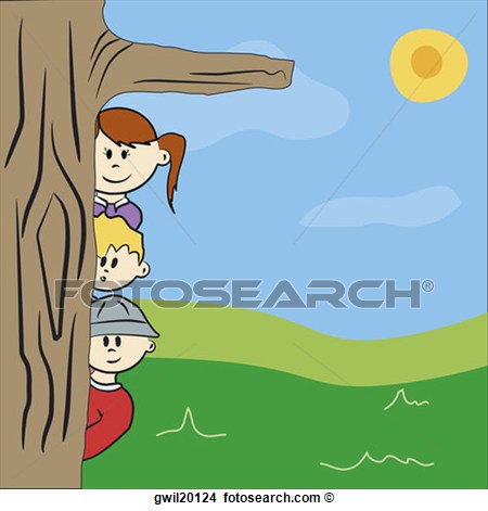 Boys And A Girl Peeking From Behind A Tree Gwil20124   Search Clip Art    