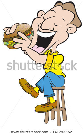 Cartoon Art Of A Man Sitting On A Bar Stool Holding A Burger Which He