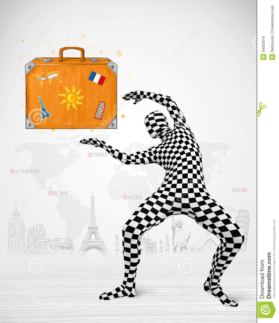 Man In Full Body Suit Presenting Vacation Suitcase Royalty Free Stock