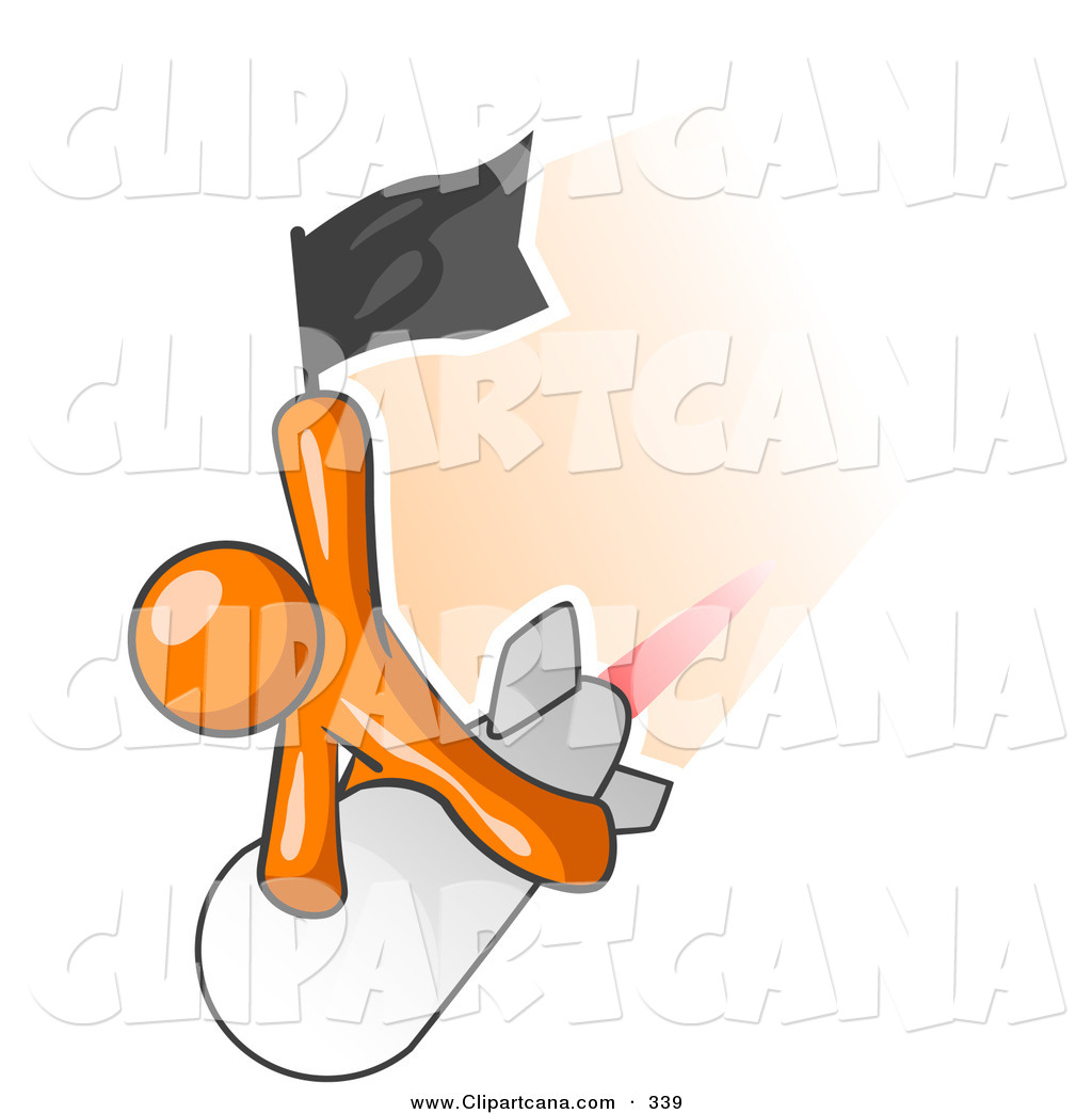 Shiny Orange Man Waving A Flag While Riding On Top Of A Fast Missile
