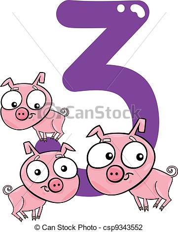 Vector Illustration Of Number Three And 3 Pigs   Cartoon Illustration