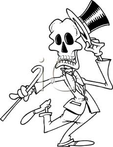 Black And White Image Of A Skeleton Dancing   Royalty Free Clipart