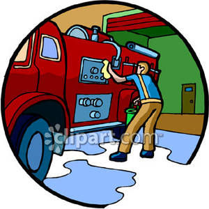 Fireman Washing Fire Truck   Royalty Free Clipart Picture