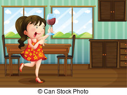 Girl Holding A Glass Of Wine   Illustration Of A Girl