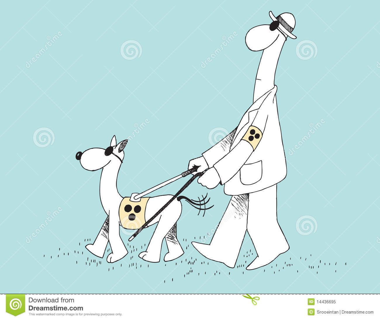 Is A Hand Drawn Illustration Depicting A Blind Dog Leading A Blind