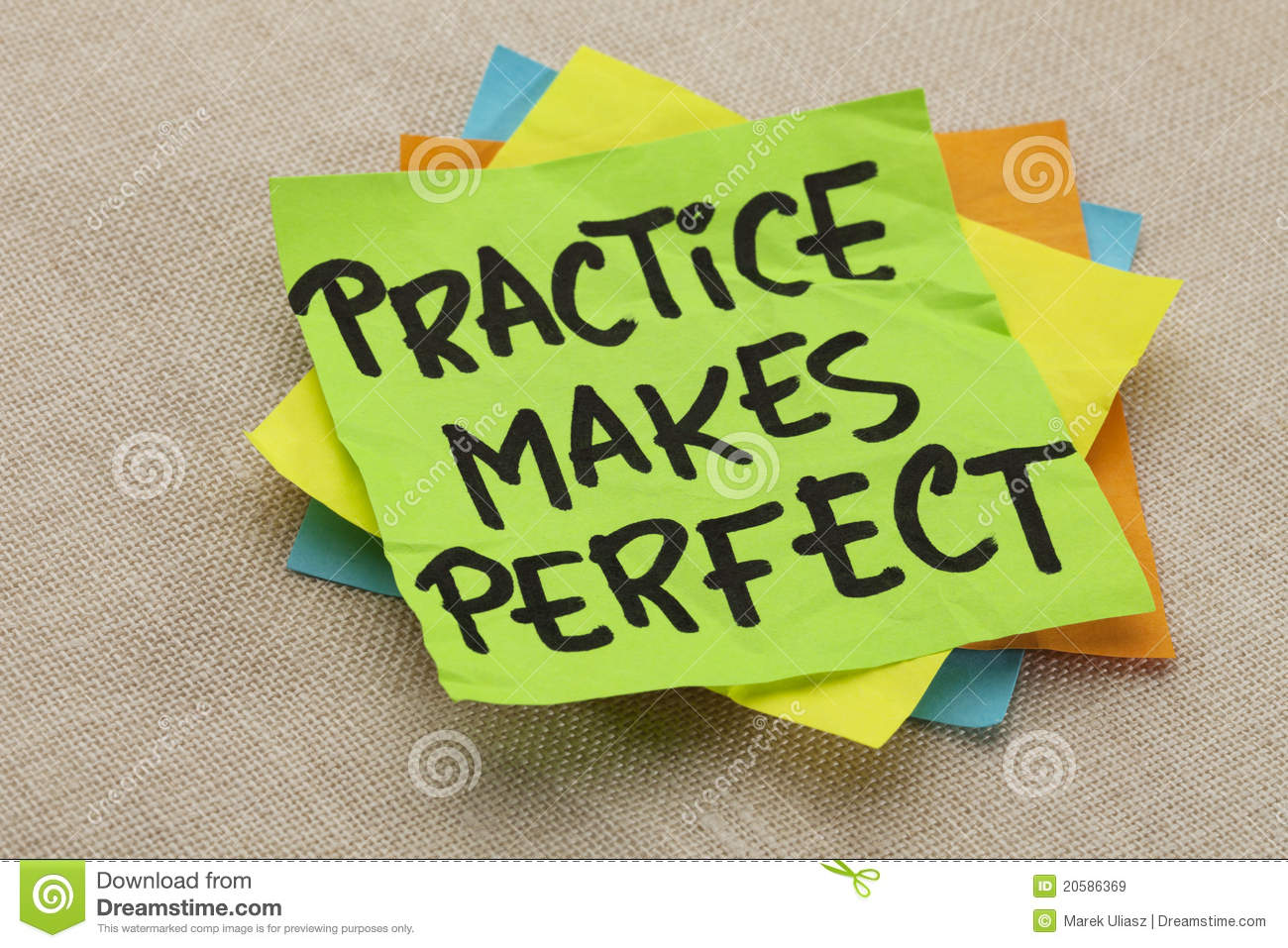 Practice Makes Perfect   A Motivational Slogan On A Green Stocky Note 