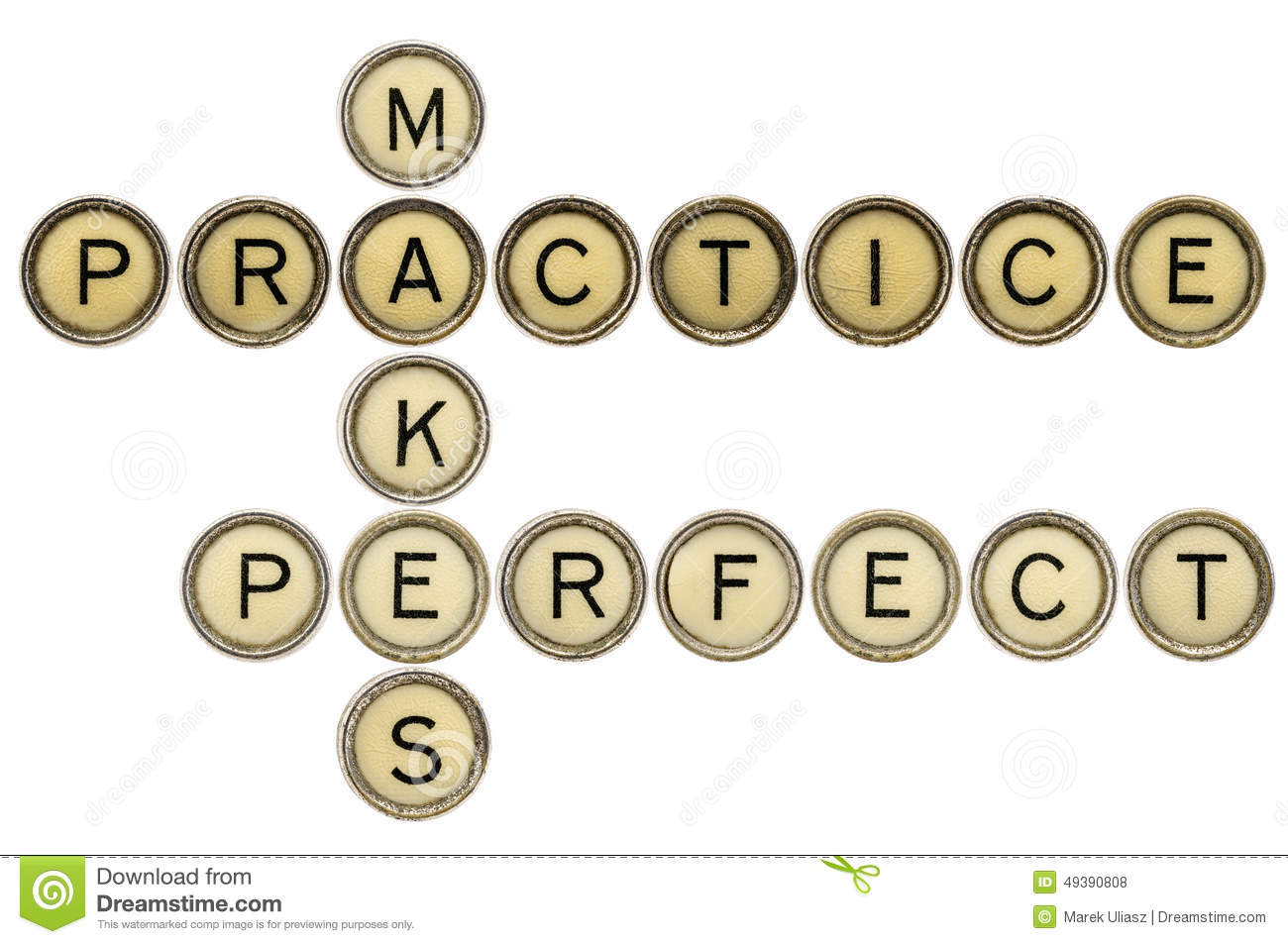 Practice Makes Perfect Croosword In Old Round Typewriter Keys Isolated    