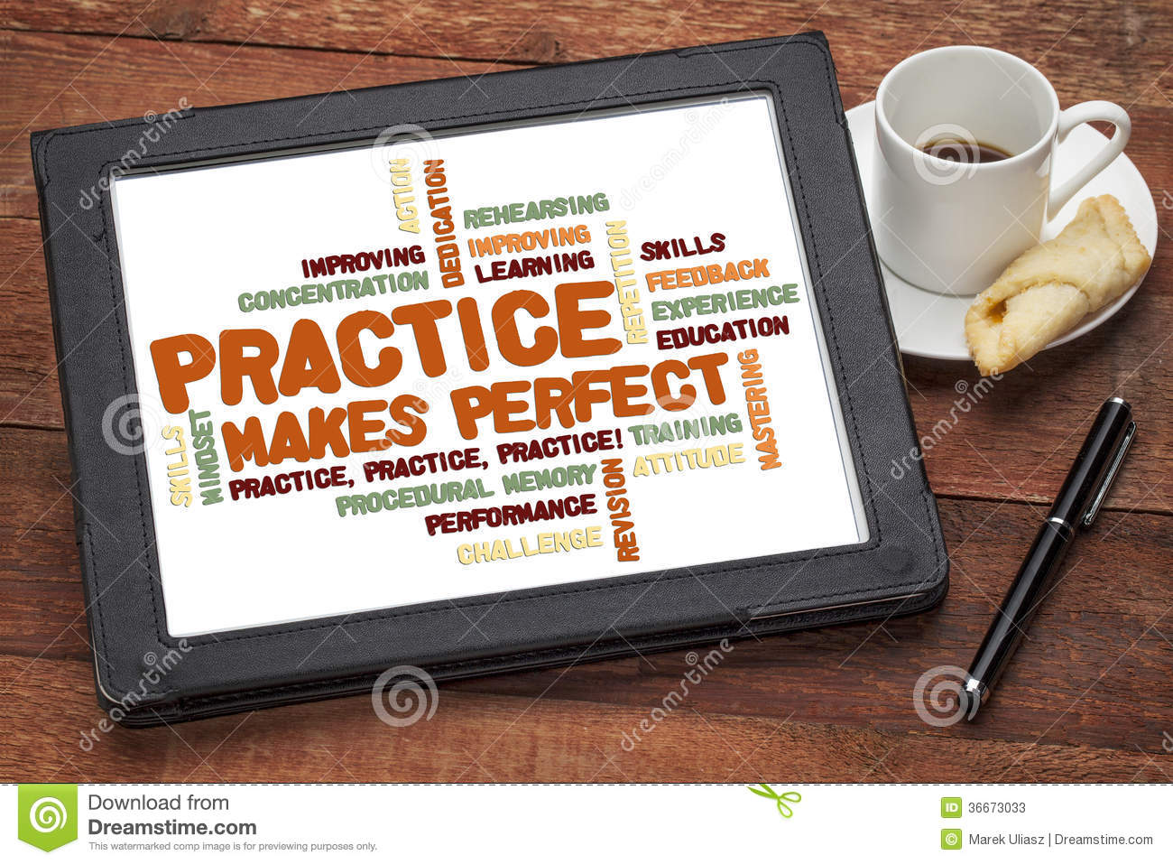 Practice Makes Perfect   Related Word Cloud On A Digital Tablet With A    